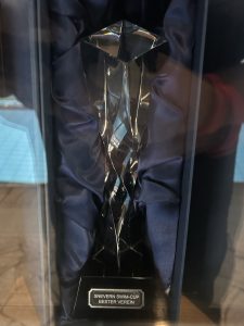 Dunkler Pokal mit einer stilisierten Schwimmfigur.