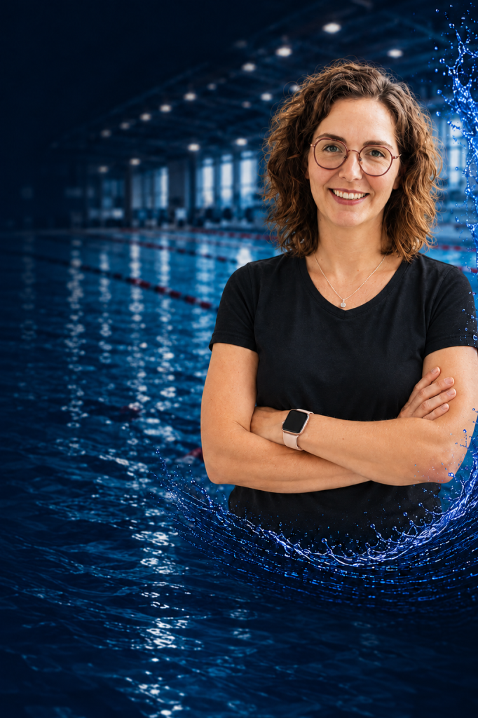 Porträt von Carmen aus dem Trainerteam des TV Jahn Schneverdingen vor blauem Schwimmbadhintergrund.