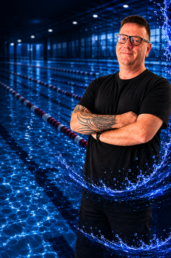 Porträt von Christian aus dem Trainerteam des TV Jahn Schneverdingen vor blauem Schwimmbadhintergrund.