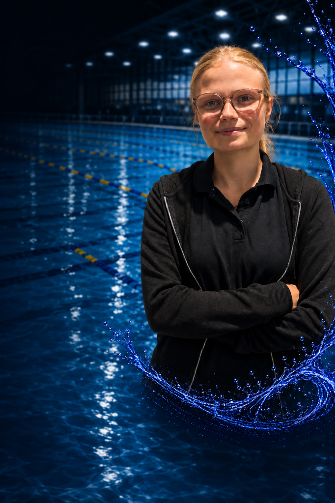 Porträt von Pia aus dem Trainerteam des TV Jahn Schneverdingen vor blauem Schwimmbadhintergrund.